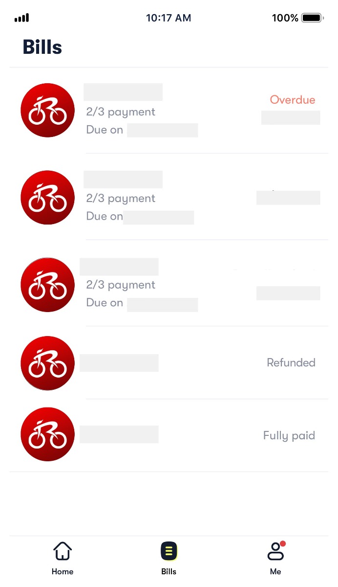 Your order details under "Bills" in Atome app. Your order details under "Bills" in Atome app.