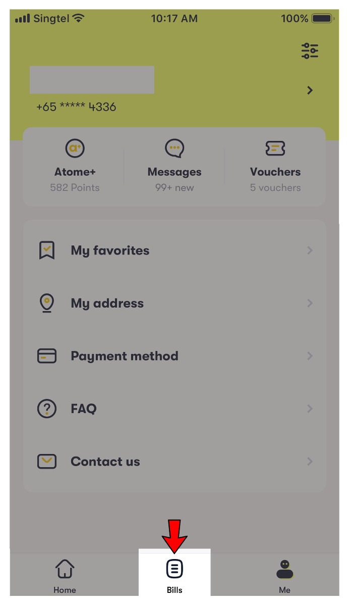 Your order details under "Bills" in Atome app. Your order details under "Bills" in Atome app.