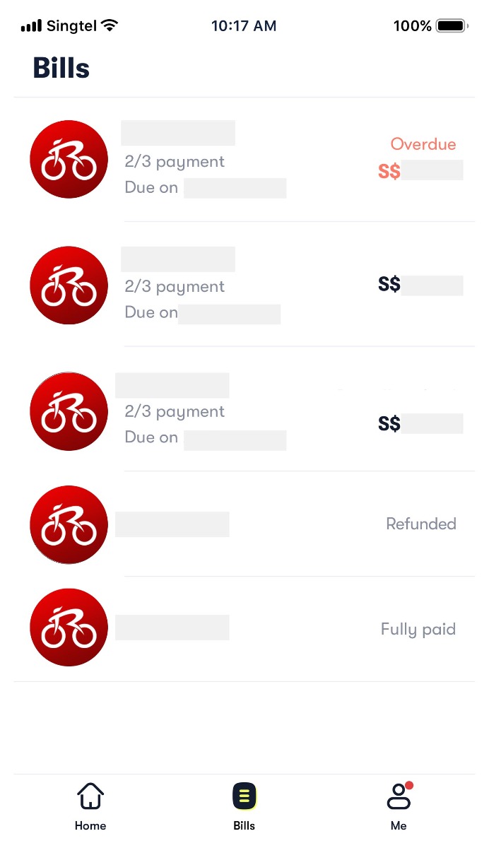 Your order details under "Bills" in Atome app. Your order details under "Bills" in Atome app.