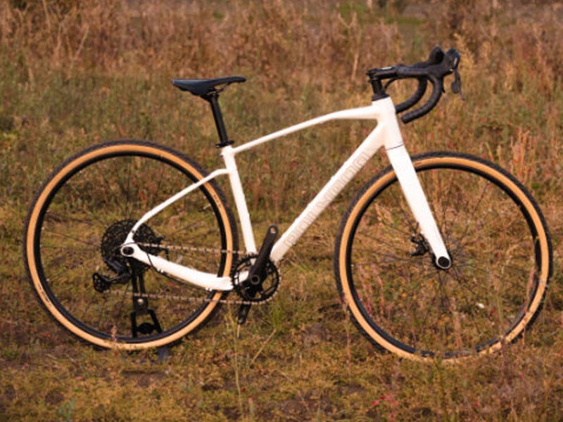 A white gravel bike standing appearance in a grassland A white gravel bike standing appearance in a grassland
