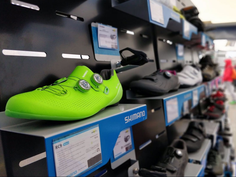 Cycling shoes in a bicycle store Cycling shoes in a bicycle store