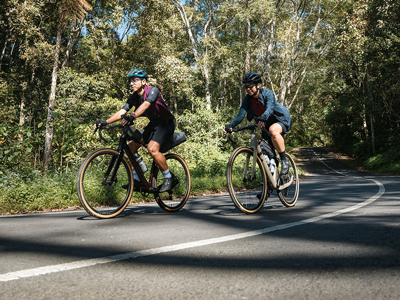Cyclist ride their powerful gravel bikes through the forests Cyclist ride their powerful gravel bikes through the forests