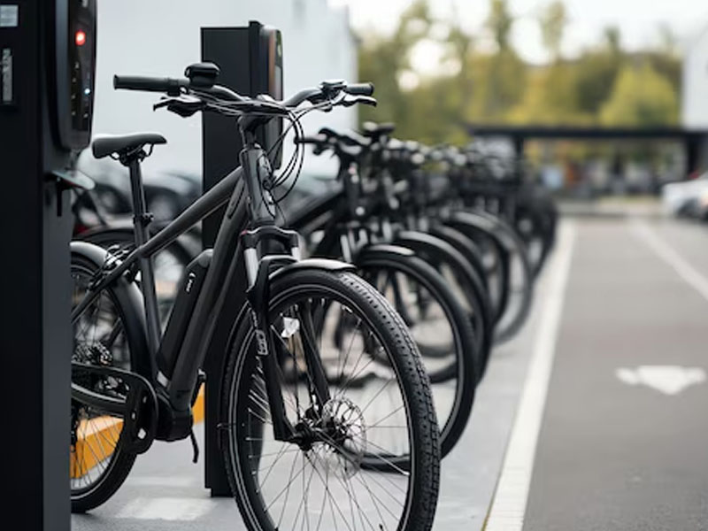 A lot of electric bikes dominate the bike racks A lot of electric bikes dominate the bike racks
