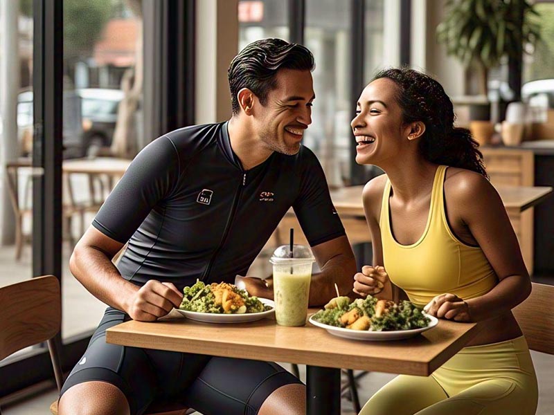 Menikmati makanan di kafe sehat setelah bersepeda Menikmati makanan di kafe sehat setelah bersepeda