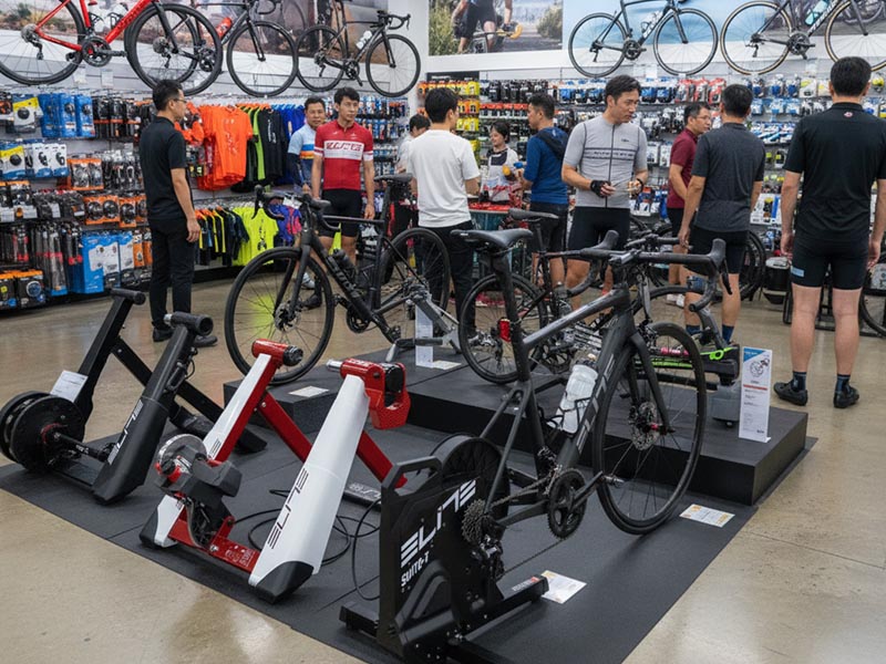 Memilih Indoor Bike Trainer di dalam toko sepeda Memilih Indoor Bike Trainer di dalam toko sepeda