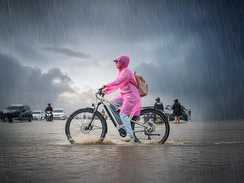 Mengendarai sepeda listrik saat hujan Mengendarai sepeda listrik saat hujan