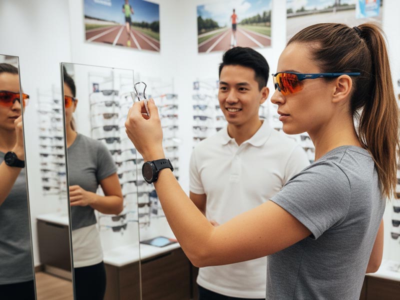 Choosing running sunglasses from a sunglasses shop Choosing running sunglasses from a sunglasses shop