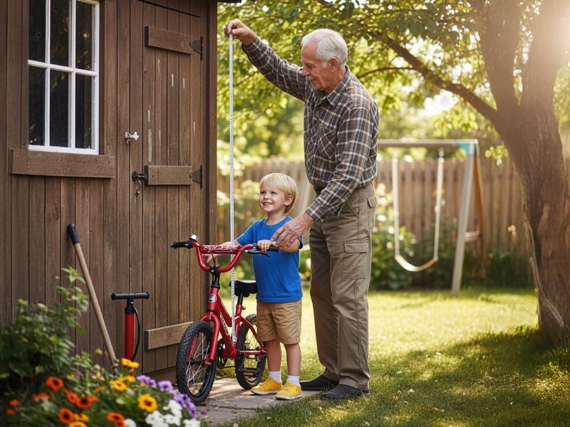 Measuring a toddler’s height against a bicycle for kids Measuring a toddler’s height against a bicycle for kids