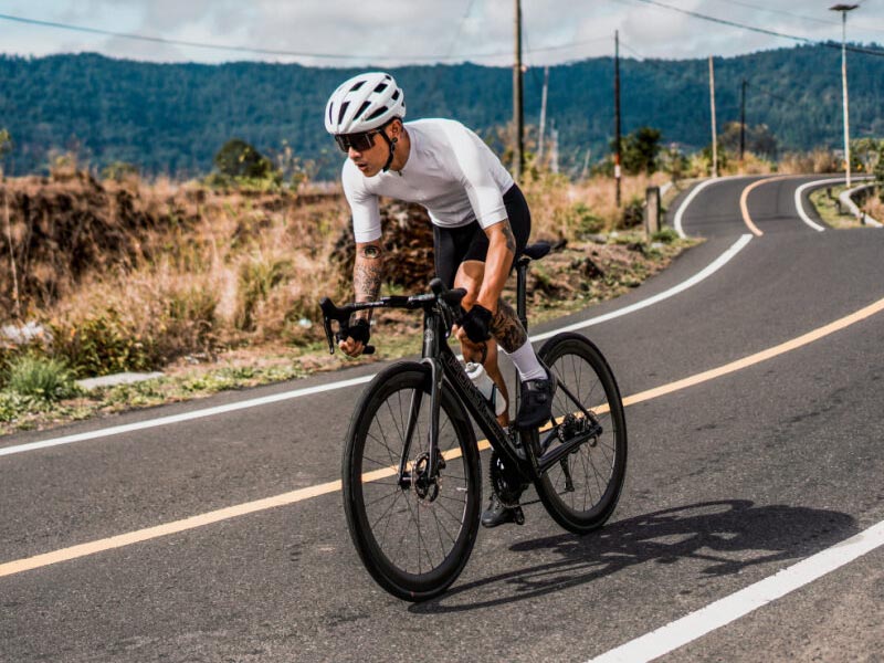 Cyclist ride road bike for speed and comforable ride Cyclist ride road bike for speed and comforable ride