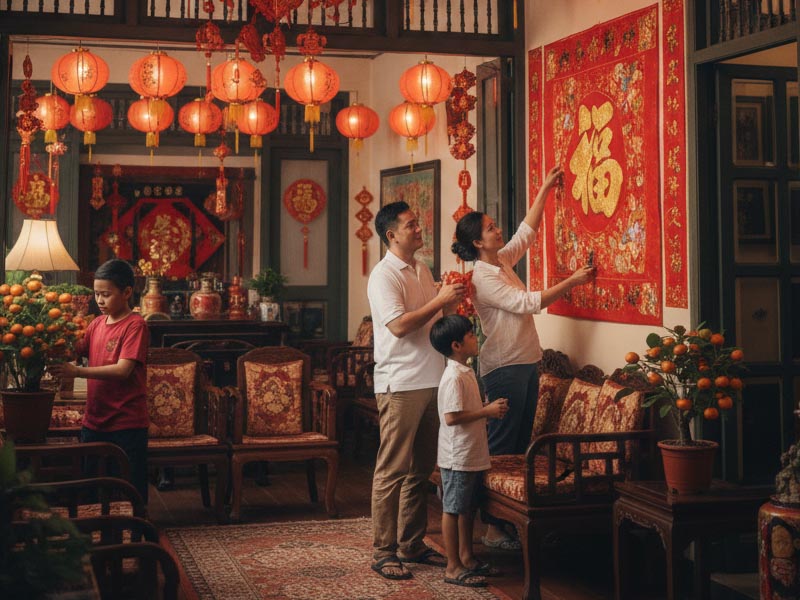 Setting auspicious Chinese New Year decorations Setting auspicious Chinese New Year decorations